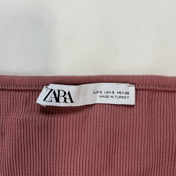 Zara Dusty Rose Pink Ribbed Fitted Long Sleeve Crewneck Bodysuit | Size S - Picture 5 of 6
